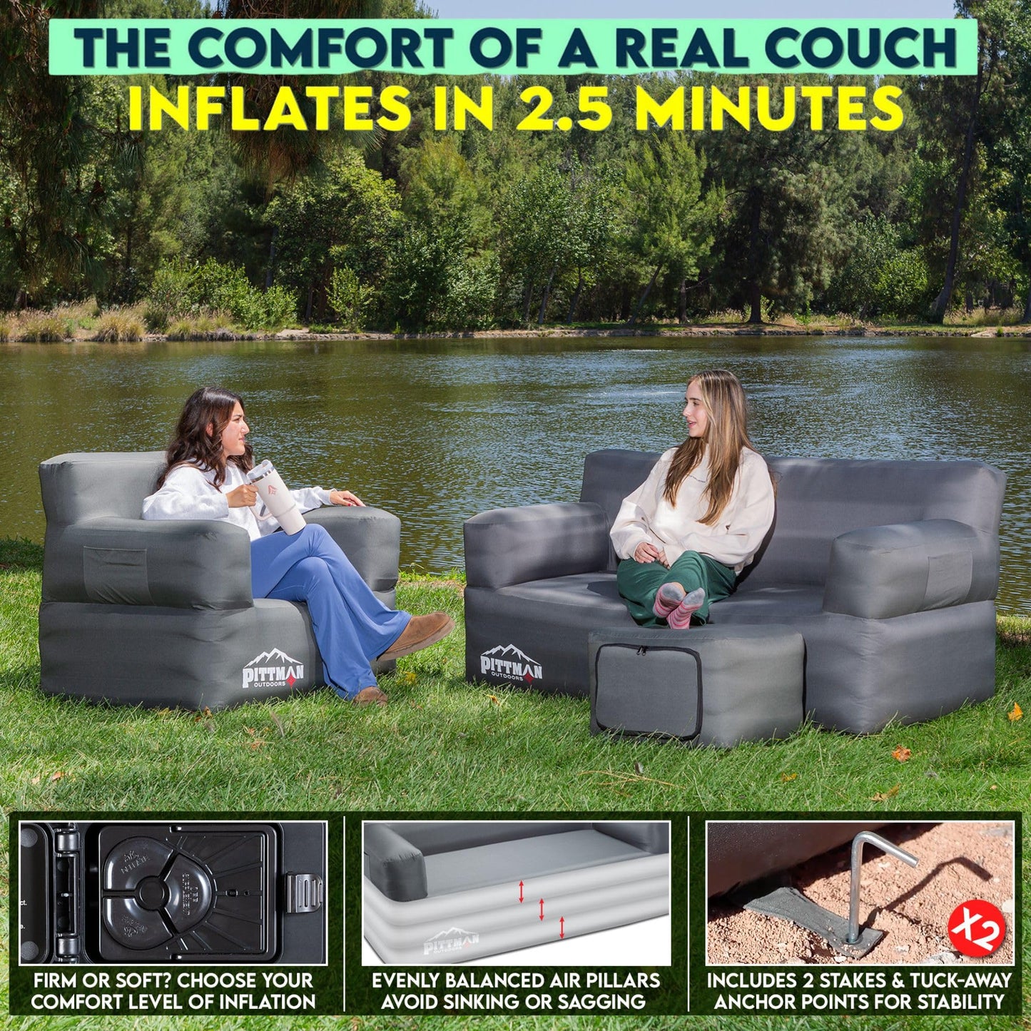Pittman - Inflatable Furniture Set with Built in Pump for Outdoors & Indoors - Blow Up Couch Set has Heavy Duty Puncture Resistant Fabric for Inflatable Sectional Comfort & Durability if Camping