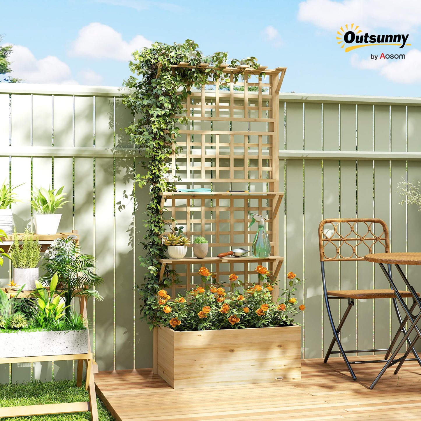 Outsunny Wooden Raised Garden Bed with Trellis and Roof, Elevated Outdoor Planter Box with 2 Shelves, Drainage Hole and Liner for Climbing Plants Vegetables Flowers, Natural