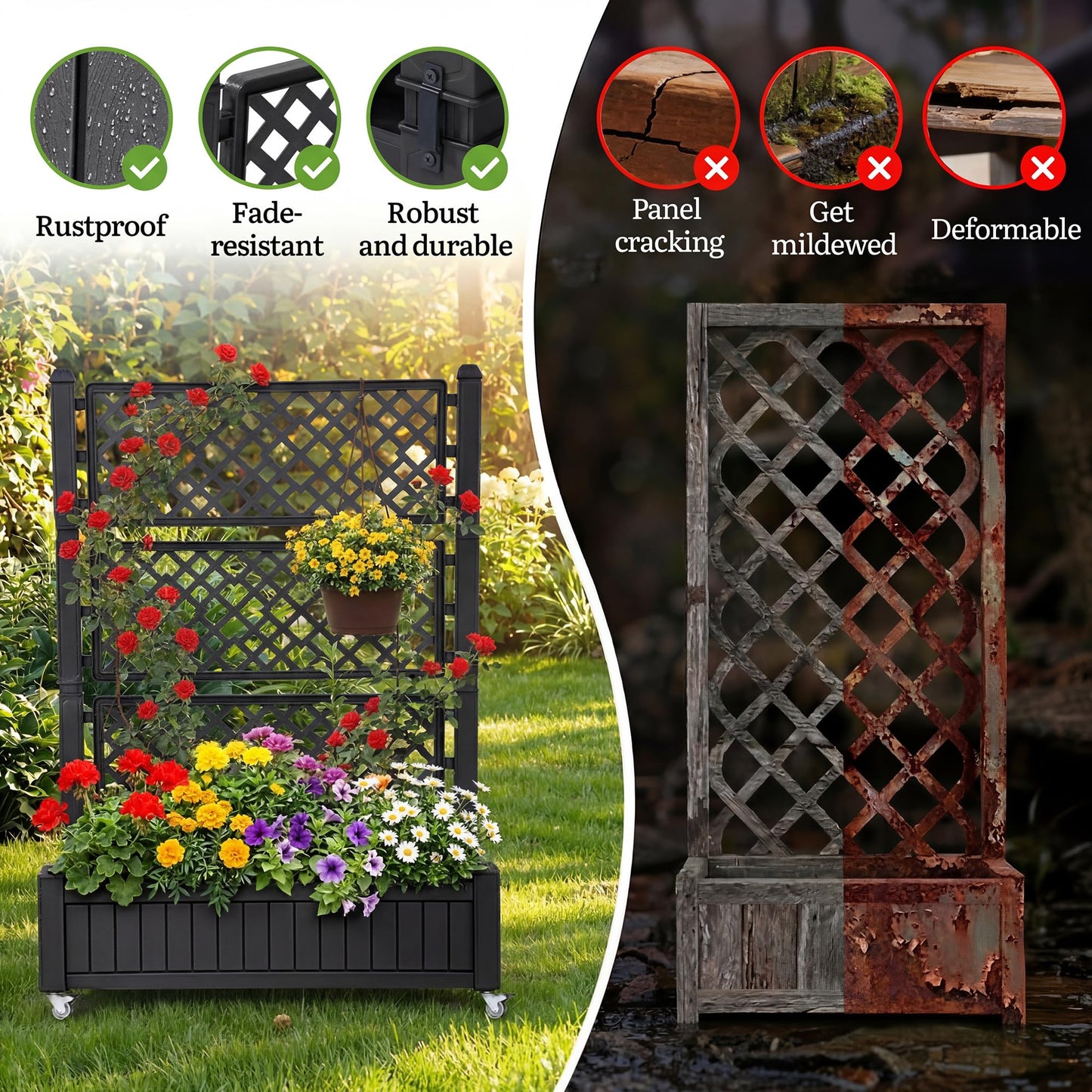YITAHOME 42.5x14.2x61 in Planter Box with Trellis/Outdoor Privacy Screen, All-Weather Raised Garden Bed with Wheels & Drain Plug for Climbing Plants Flowers Herbs, Black
