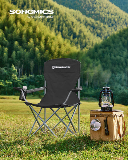 SONGMICS 2 Pack Folding Camping Chairs, Load 330 lb, Cup Holder and High Backrest, Heavy-Duty Structure, for Lawn, Garden, Fishing, Terrace, Black UGCB08BK