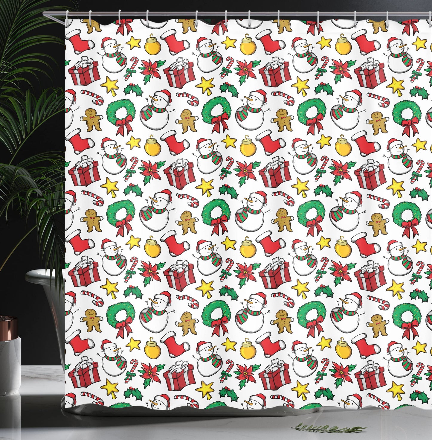 Ambesonne Christmas Shower Curtain, Classical Inspirational Wreath with Candy Cane Snowman Patterns Feast Theme, Cloth Fabric Bathroom Decor Set with Hooks, 69" W x 70" L, Red and White