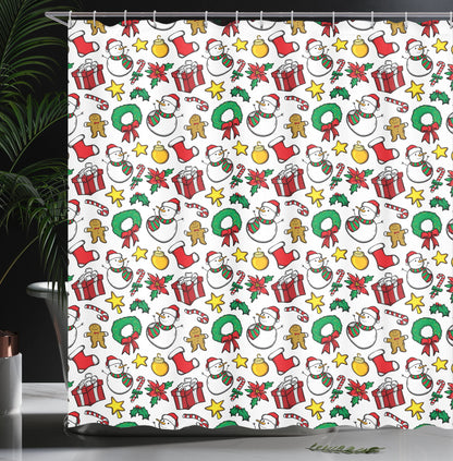Ambesonne Christmas Shower Curtain, Classical Inspirational Wreath with Candy Cane Snowman Patterns Feast Theme, Cloth Fabric Bathroom Decor Set with Hooks, 69" W x 70" L, Red and White