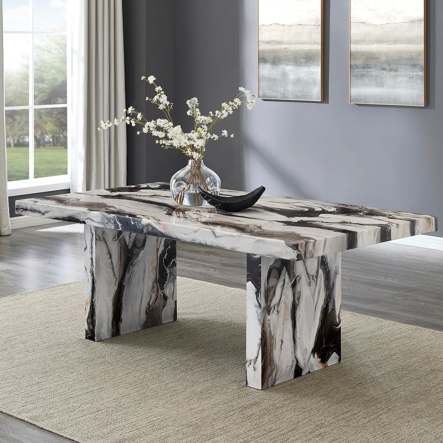 Roundhill Furniture Cavira Modern Faux Marble Dining Table with 4 Chairs and Bench