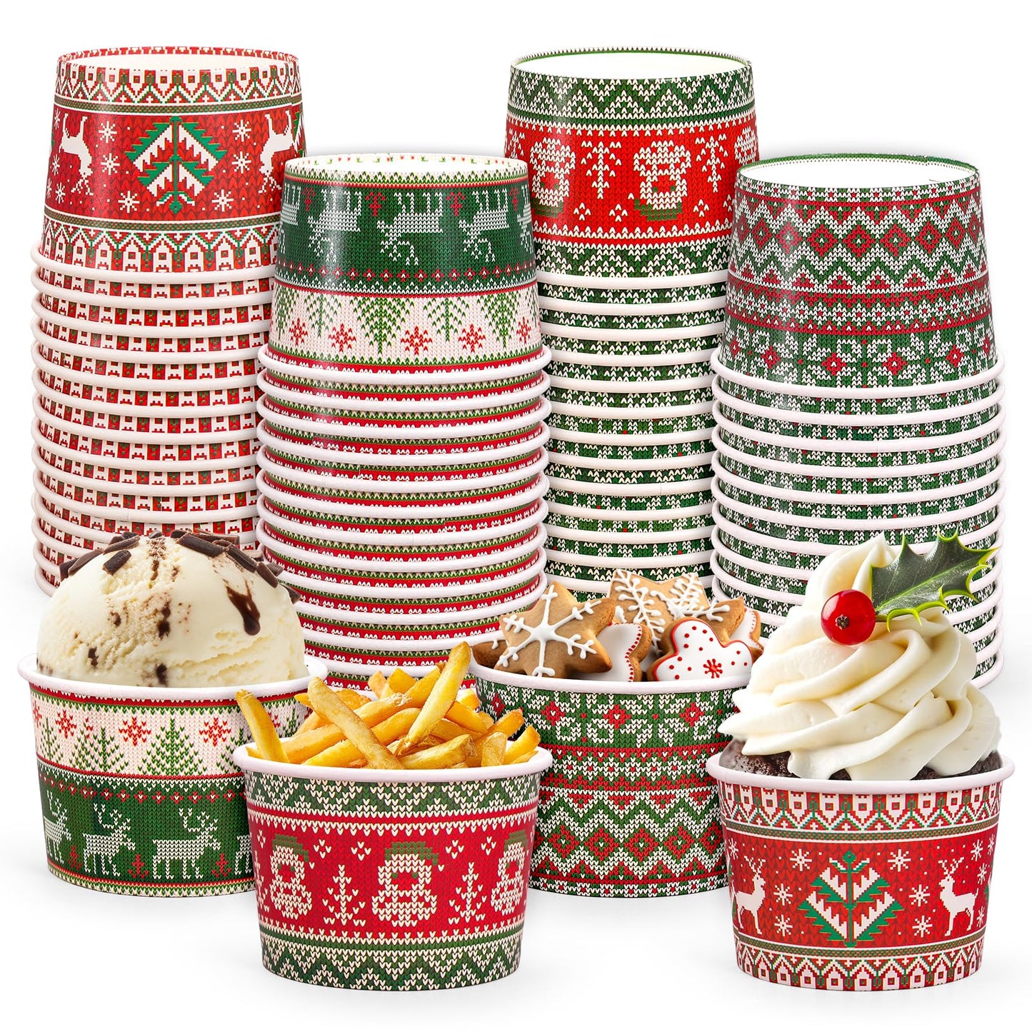 Whaline Christmas Snack Cup Xmas Red Green Ugly Sweater Disposable Paper Cups 9 Oz Dessert Ice Cream Paper Bowls for Winter Holiday Treat Candy Cake Party Favor Supplies, 48 Pcs