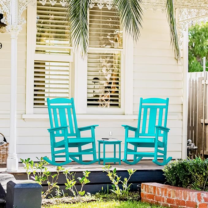 LUE BONA Outdoor Rocking Chairs Set of 2, HDPS Porch Rocker with High Back, Plastic Weather Resistant Rocking Chairs for Outdoor Indoor, Garden, Backyard, 350lb,Aruba Blue