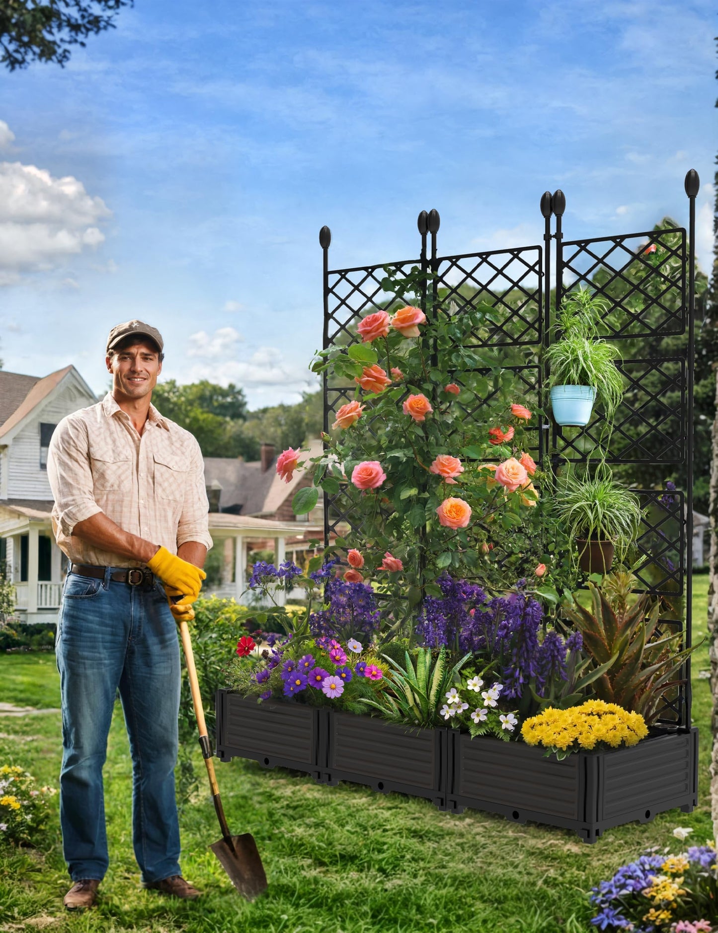 3 PCS Raised Garden Bed with Trellis & Privacy Screen, 50" x 63" Tall Vertical Garden Planter Box for Climbing Plants, Outdoor Trellis for Vegetables, Flowers, Patio, Balcony, Garden Black