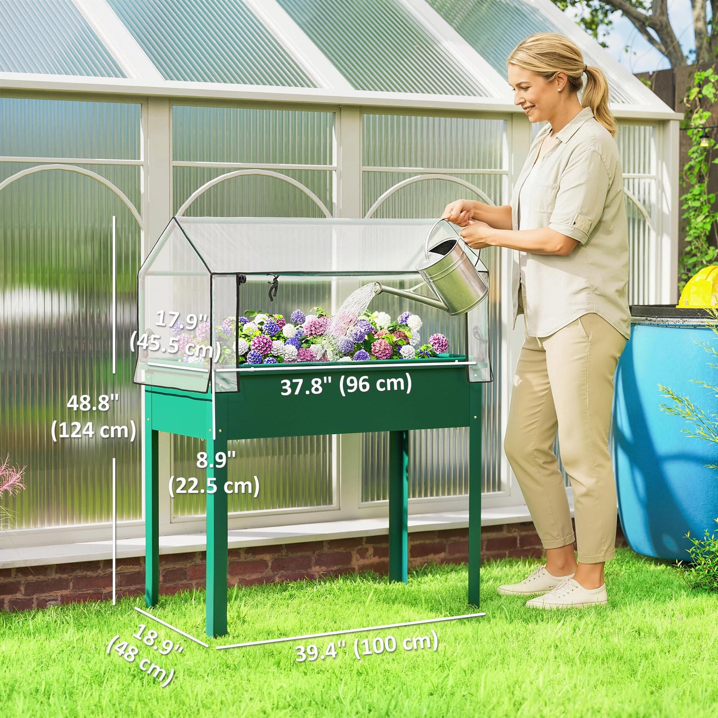 Outsunny Raised Garden Bed with Greenhouse Cover, Elevated Planter Box with Legs and Drainage Hole for Vegetables Flowers Herbs, 39.4" x 18.9" x 48.8", Green
