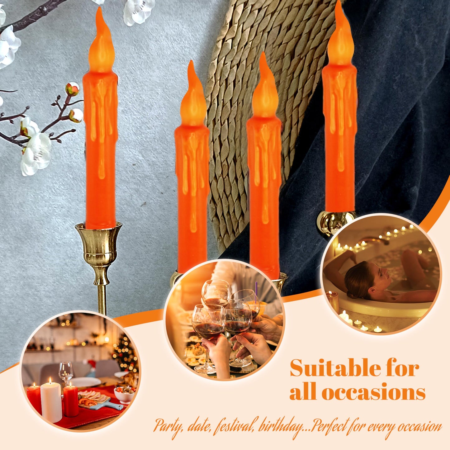 FCMSHAMD Orange Flameless Short Taper Candles, Real Wax Hand Dipped LED Battery Operated with Remote, Flickering Flame Lights for Festival Party Home Décor, 6.7 Inch Primitive Flameless Candles, 4PCS