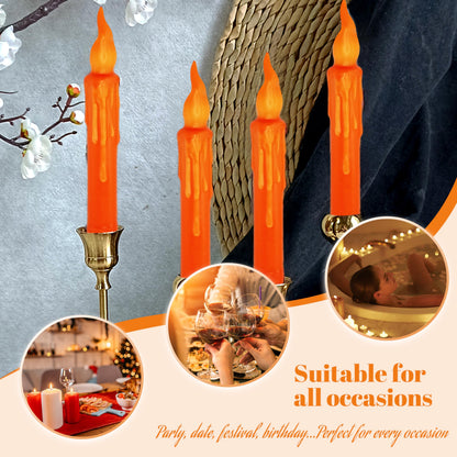 FCMSHAMD Orange Flameless Short Taper Candles, Real Wax Hand Dipped LED Battery Operated with Remote, Flickering Flame Lights for Festival Party Home Décor, 6.7 Inch Primitive Flameless Candles, 4PCS