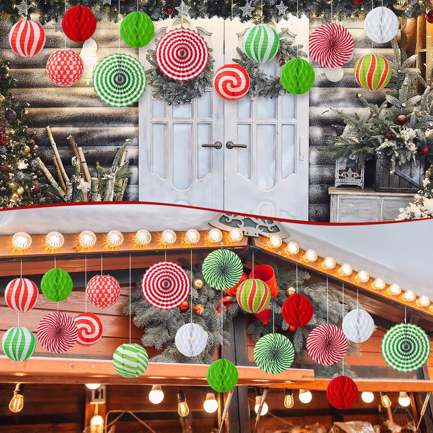 Retisee 18 Pcs Christmas Hanging Paper Lanterns Party Decorations Candy Canes Peppermint Paper Fans Xmas Hanging Honeycomb Ball Lanterns Ornaments for Christmas Winter Party Holiday Ceilings Decor