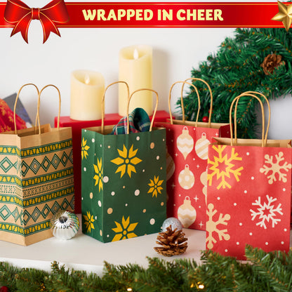 JOYIN 24 PCS Christmas Kraft Bags Holiday Paper Goody Gift Bags with Handles for Xmas Gifts Wrapping Party, Giant Gifts Decorations, Classrooms and Party Favors (Red+Green, 8.27" x 5.91" x 3.15")