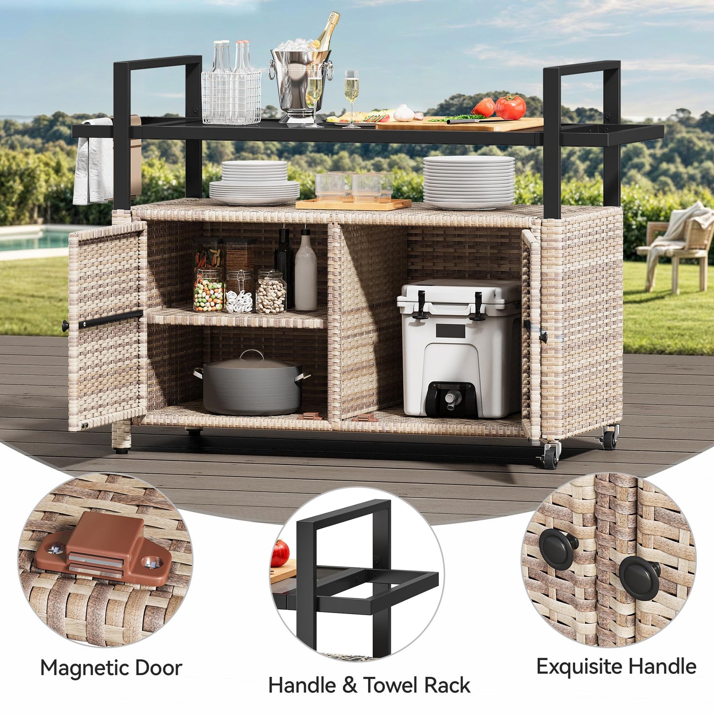 YITAHOME XL Outdoor Storage Cabinet, Outdoor Storage Cart with Wheels and Black Glass Table Top for Patio, Outdoor Cabinet for Poolside and Backyard (Light Brown)