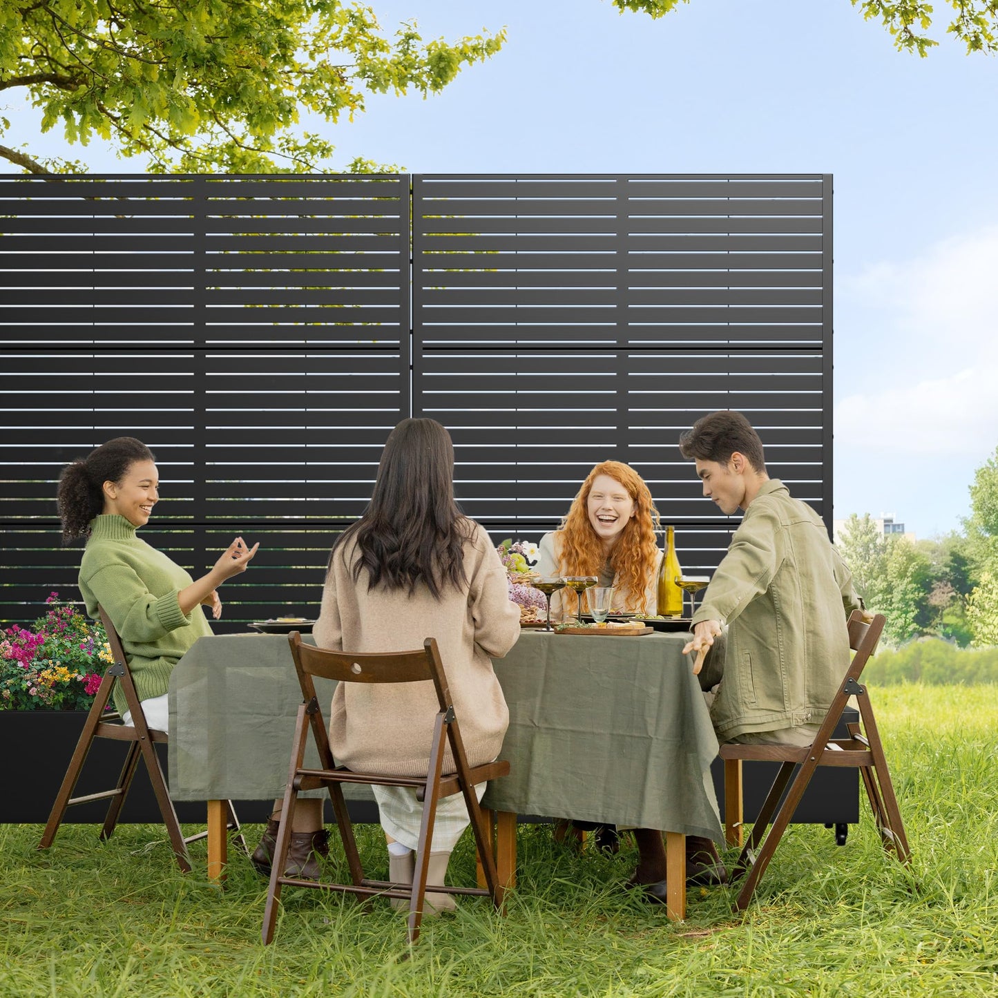 Casaphoria Metal Raised Garden Bed with Trellis and Wheels, 72"x47"x16" Planter Box for Climbing Plants, Vegetables & Vines, Features Drainage Holes and Privacy Screen (Black-Louver)