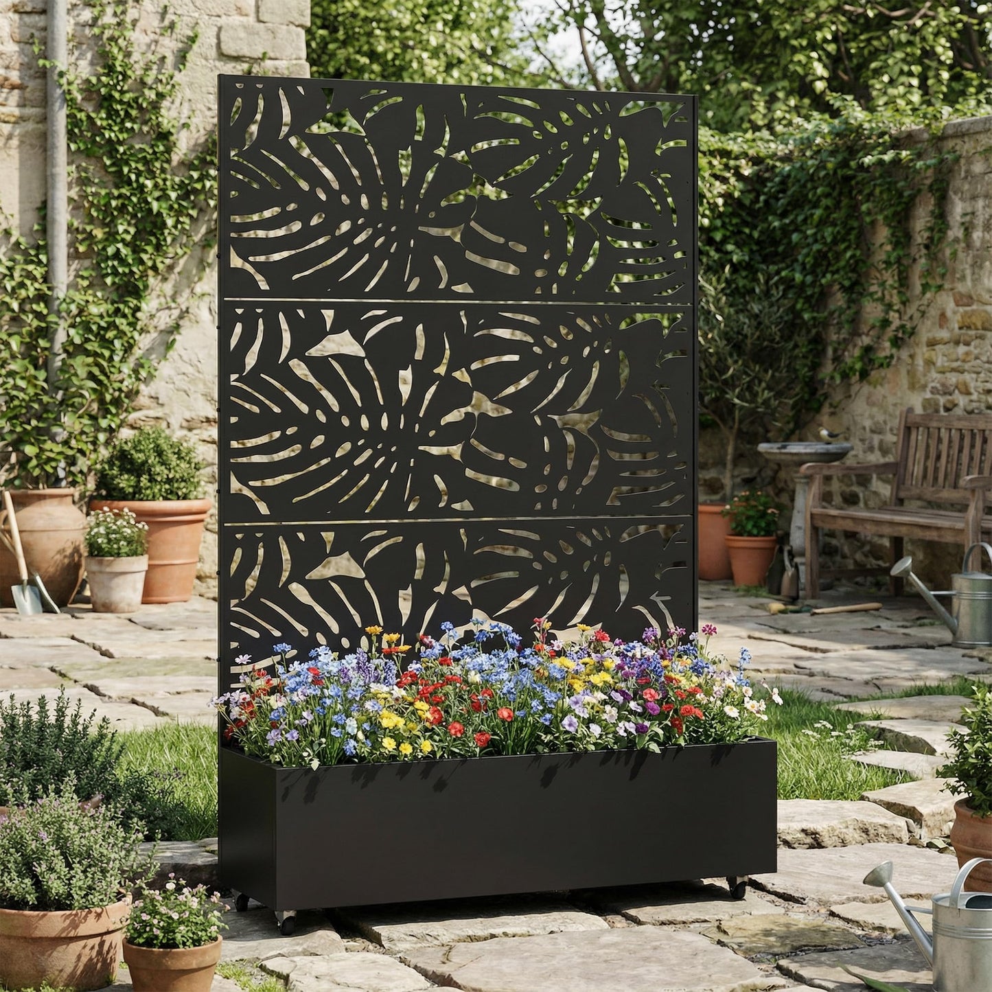 Qatiby Metal Raised Garden Bed with Trellis and Wheels, 71"x47"x16" Planter Box with Privacy Screen & Drainage Holes, Mobile Outdoor Garden Bed for Climbing Plants, Vegetables, Flowers (Black-Summer)