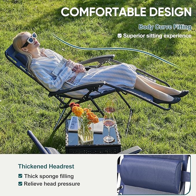 NEWBULIG Zero Gravity Chair Set of 4, Lounge Chair Folding Portable Adjustable Camping Reclining Chairs with Adjustable Pollow, Mesh Back, Cup Holder Trays Lawn Patio Chair for Pool Beach - Blue