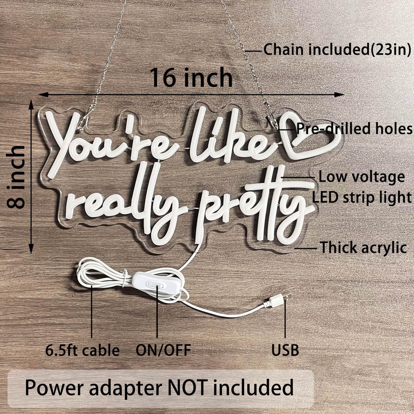 KUUNEON You're Like Really Pretty Neon Sign Wall Decor for Bedroom/Girls Room/Salon/Party/Wedding - 16"x8" Warm White You Like Really Pretty LED Sign Neon Light, Heart Design, 100,000H Lifespan