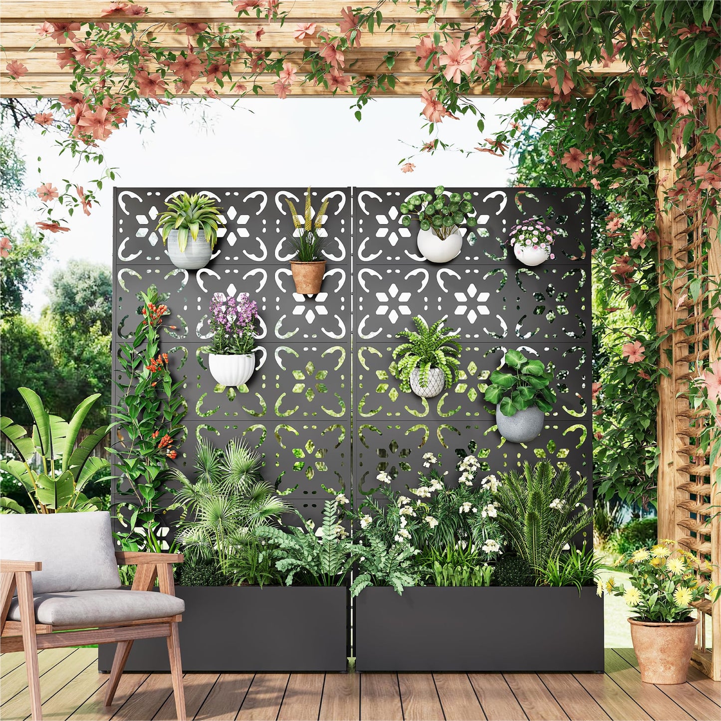 Bevivog Outdoor Privacy Screen with Planter Box, 71"x36" Freestanding Metal Privacy Planters for Patio Garden Metal Planter Box with Trellis, Outside Privacy Fence with Planter for Climbing Plants