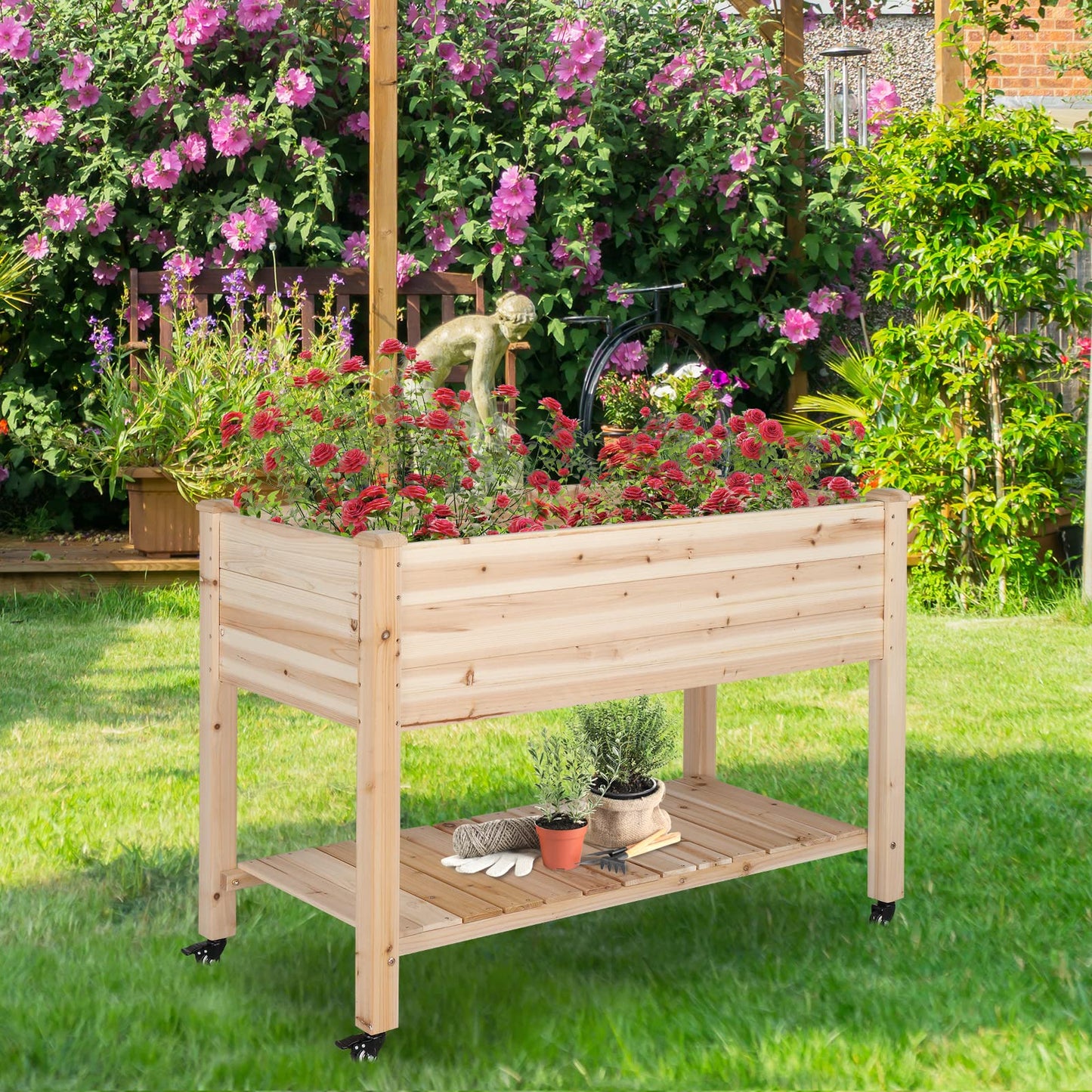 VINGLI 46×22×32 in Raised Garden Bed with Bed Liner, Heavy Duty Wood Elevated Planter with Legs for Vegetables Fruits Potato Onion Flower, Outdoor Sturdy Long Lasting Planter Box Kit (with Wheels)