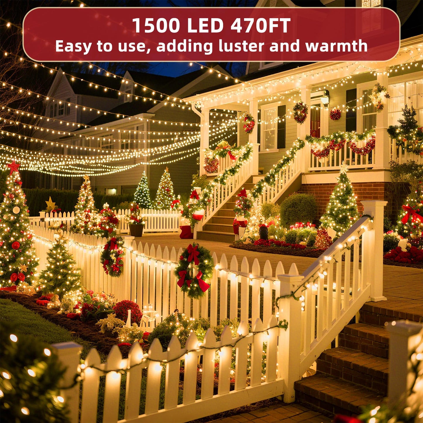 470ft Outdoor Christmas Lights, 1500 LED Super Long String Lights 12 Modes & Timer Memory, Dimmable Outsite Waterproof Light Strings for Xmas Tree Garden Wedding Party Holiday Decorations Warm White