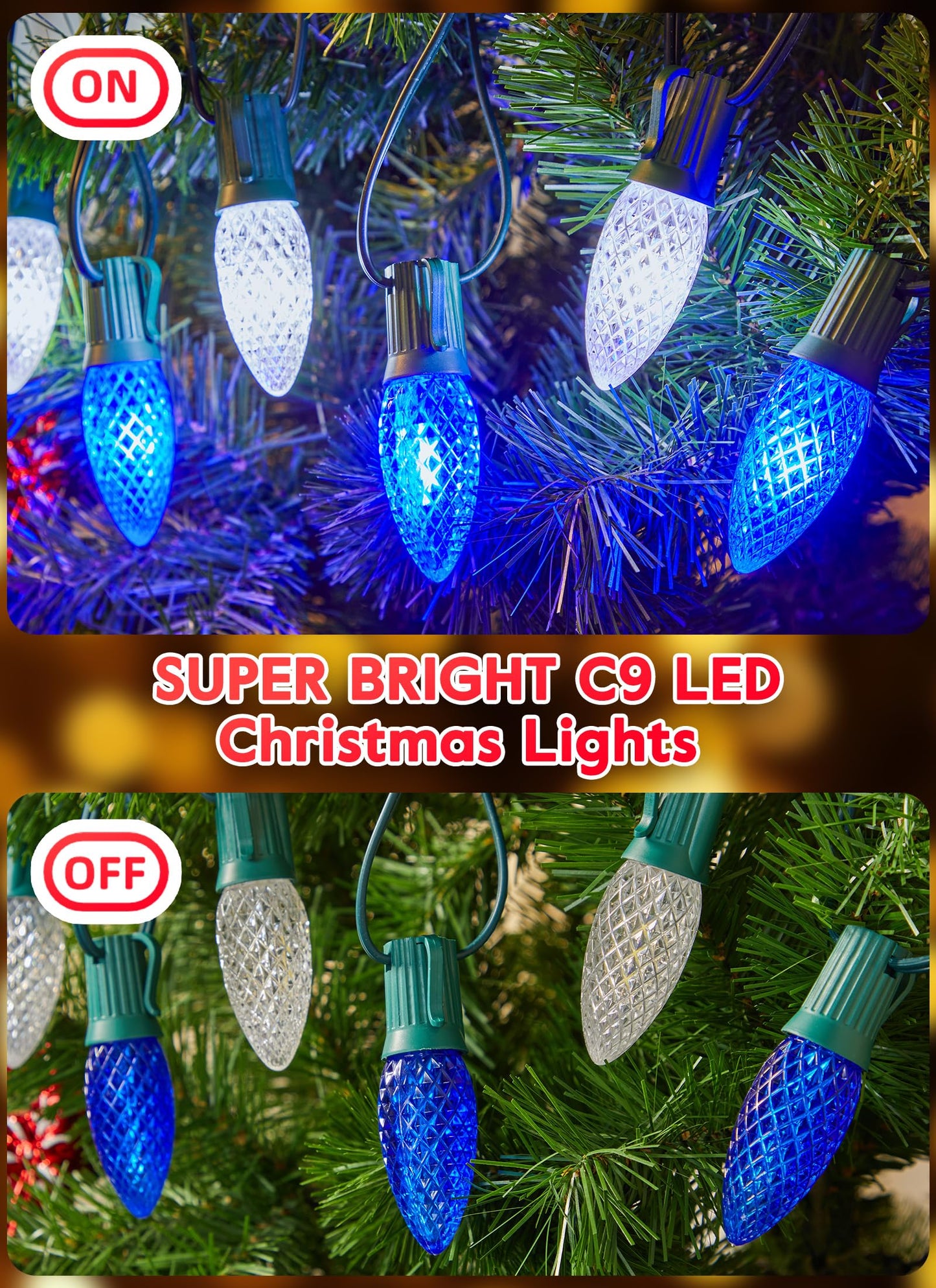 Minetom 100 Feet Led Christmas Lights,Blue White C9 Christmas String Lights Outdoor, 100 Strawberry Bulbs Connectable UL Certified for Indoor Outdoor Roofline Patio Holiday Party Backyard Xmas Decor