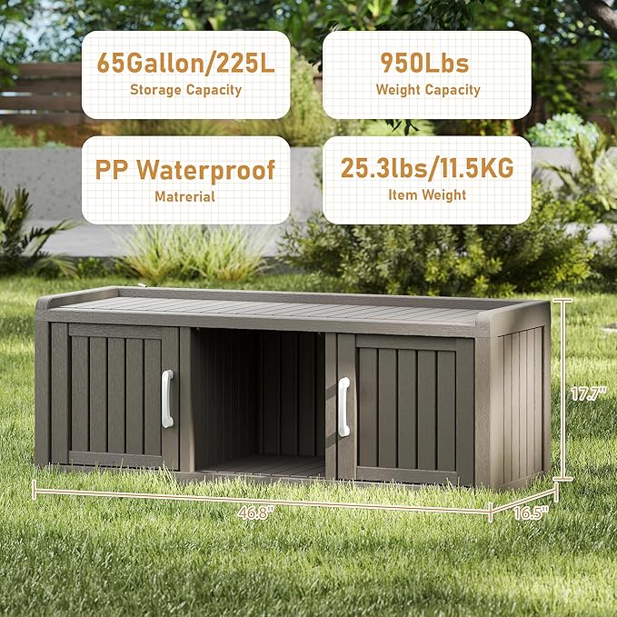 2-Tier Storage Bench, Waterproof UV-Resistant Outdoor Shoe Storage Cabinet with 2 Doors & Adjustable Shelves for Indoor Outdoor Entryway, Hallway, Living Room(Grey)