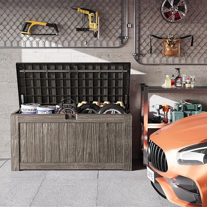Greesum Outdoor Storage Box 120 Gallon Storage Bin with Lid for Patio Furniture, Garden Tools, Pool Supplies, Lockable, Waterproof and UV Resistant, Coffee