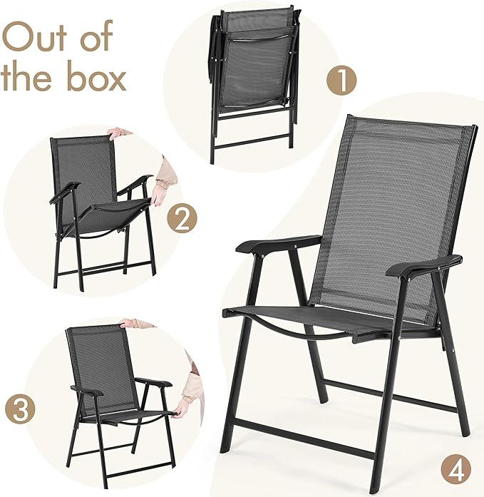 Yaheetech Patio Dining Chairs Set of 4 with Armrests, Outdoor Folding Chairs with Metal Frame and Backrest for Lawn, Garden, Yard and Poolside, Black