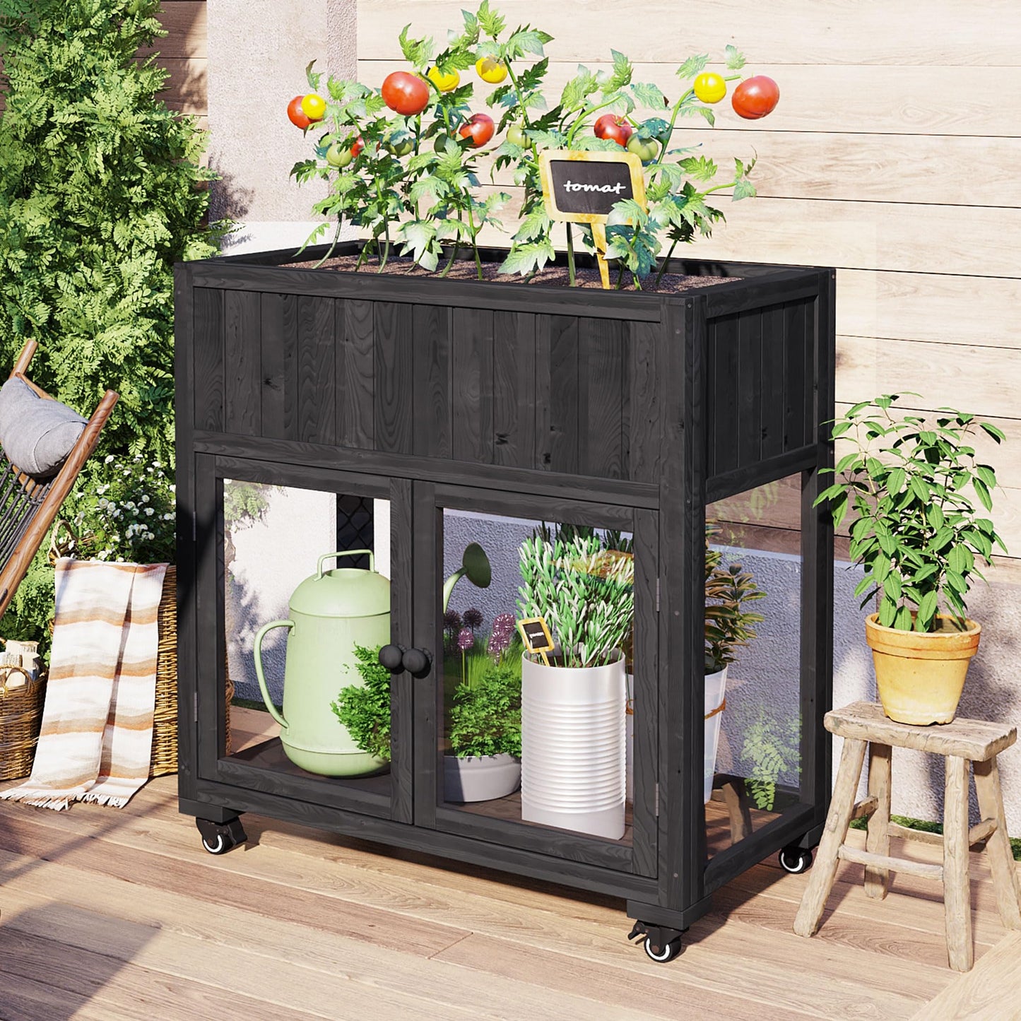 Merax 35.4''x17.7''x37.4'' Raised Garden Bed, Compact 2 Doors Garden Greenhouse with Wheels, Mini Wood Cold Frame Planter Box Stand for Backyard, Patio, Balcony w/Bed Liner,Black