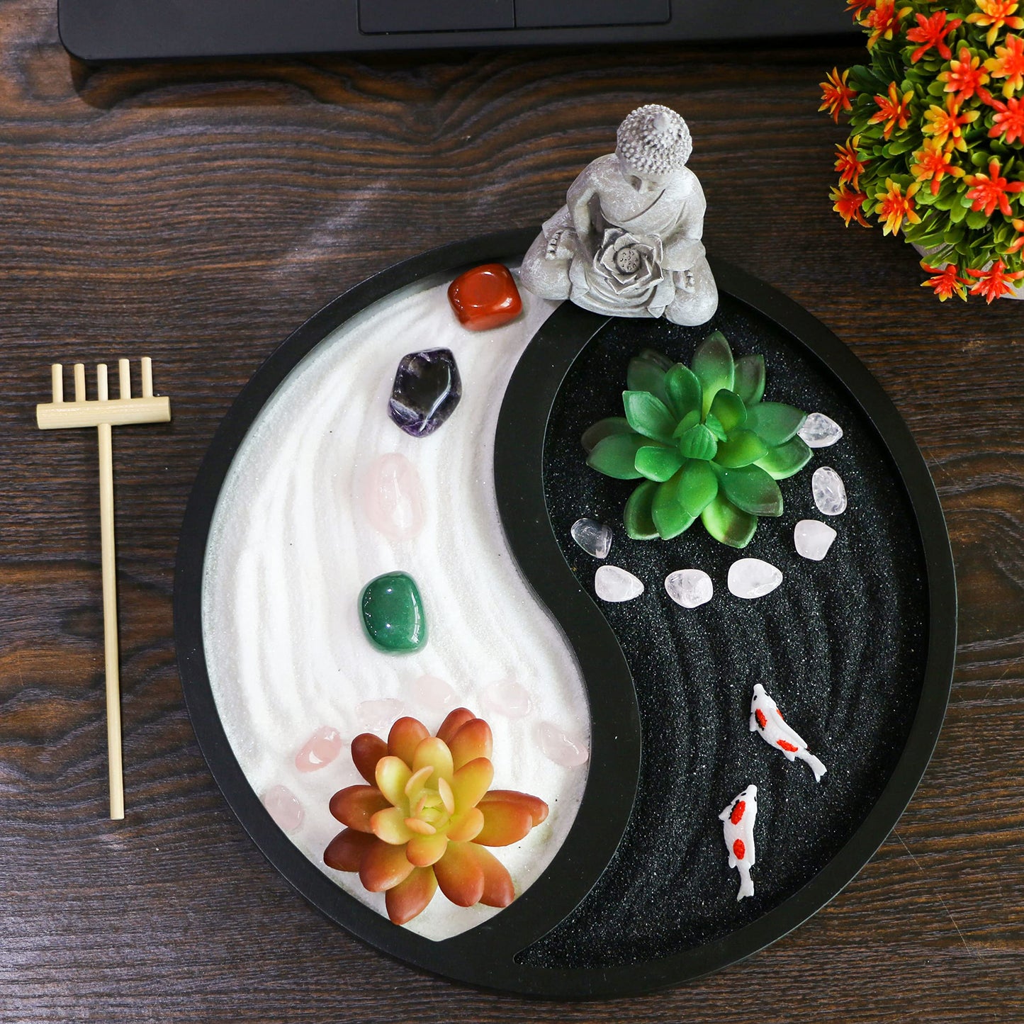 BangBangDa Buddha Meditation Zen Garden Kit - Home Office Tabletop Taiji Yin Yang Sand Garden Altar Zen Decor Zen Gifts DIY Mini Chakra Crystal Quartz Rock Garden w/Nature Healing Stone Rake Tool