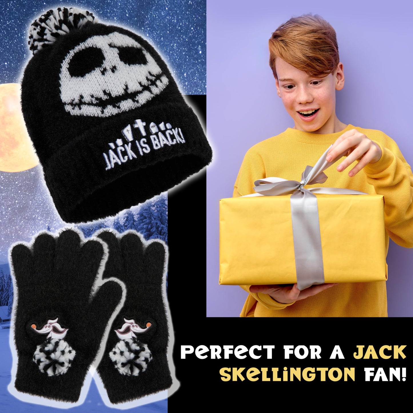 Disney The Nightmare Before Christmas Beanie Hat Gloves Set for Girls Teens, 6-14 Yrs, 2 Pc Set Travel Winter Gifts for Girls (6-14 Years, Black Jack)