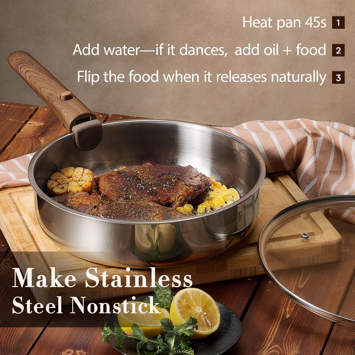 CAROTE 19pcs Stainless Steel Cookware Set with Detachable Handle, Pots and Pans Set, Induction Kitchen Cooking Sets, RV/Camping Cookware, Removable Handle, Oven Safe, Woodgrain, Mothers Day Gifts
