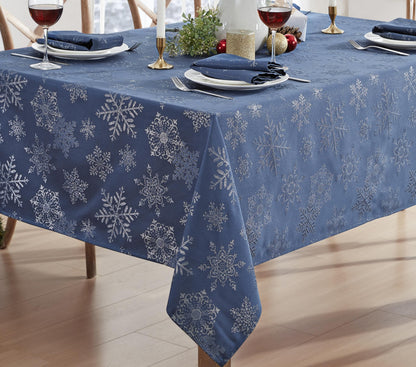 Newbridge Fancy Metallic Snowflake Christmas Fabric Tablecloth, 60 x 84 Inch Rectangle, Navy Silver, No-Iron Soil Resistant Sparkling Snowflakes Woven Holiday Table Cover
