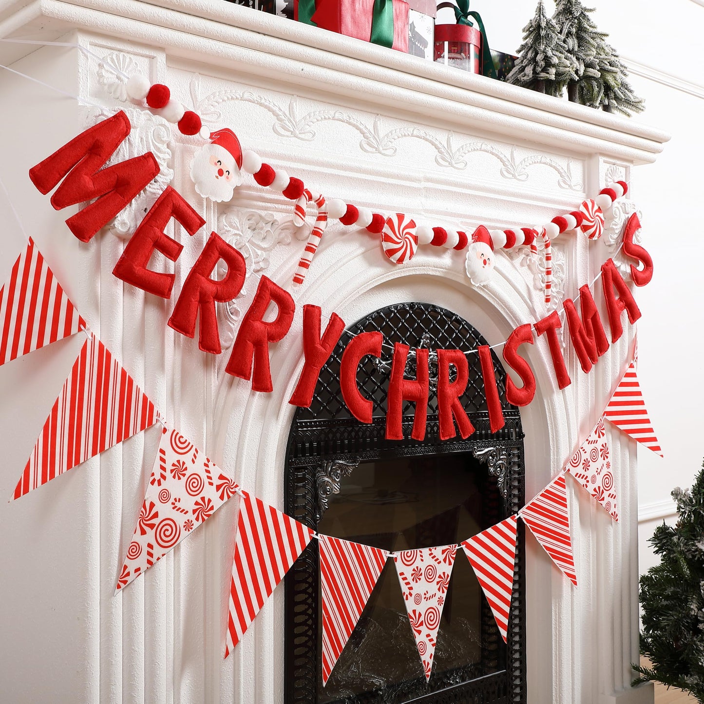 VitalCozy 3 pcs Pre Strung Merry Christmas Banner Felt Merry Christmas Garland Felt Pennant Flag Xmas Sign Outdoor Indoor Decoration for Holiday Party Supplies Home Porch(Red, White, Candy Cane)