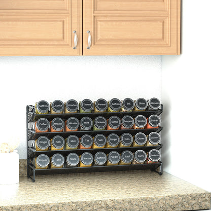 SpaceAid Spice Rack Organizer with 28 Spice Jars, 386 Spice Labels, Chalk Marker and Funnel Set for Cabinet, Countertop, Pantry, Cupboard or Door & Wall Mount - 28 Jars, 13.4" W × 10.8" H, Black