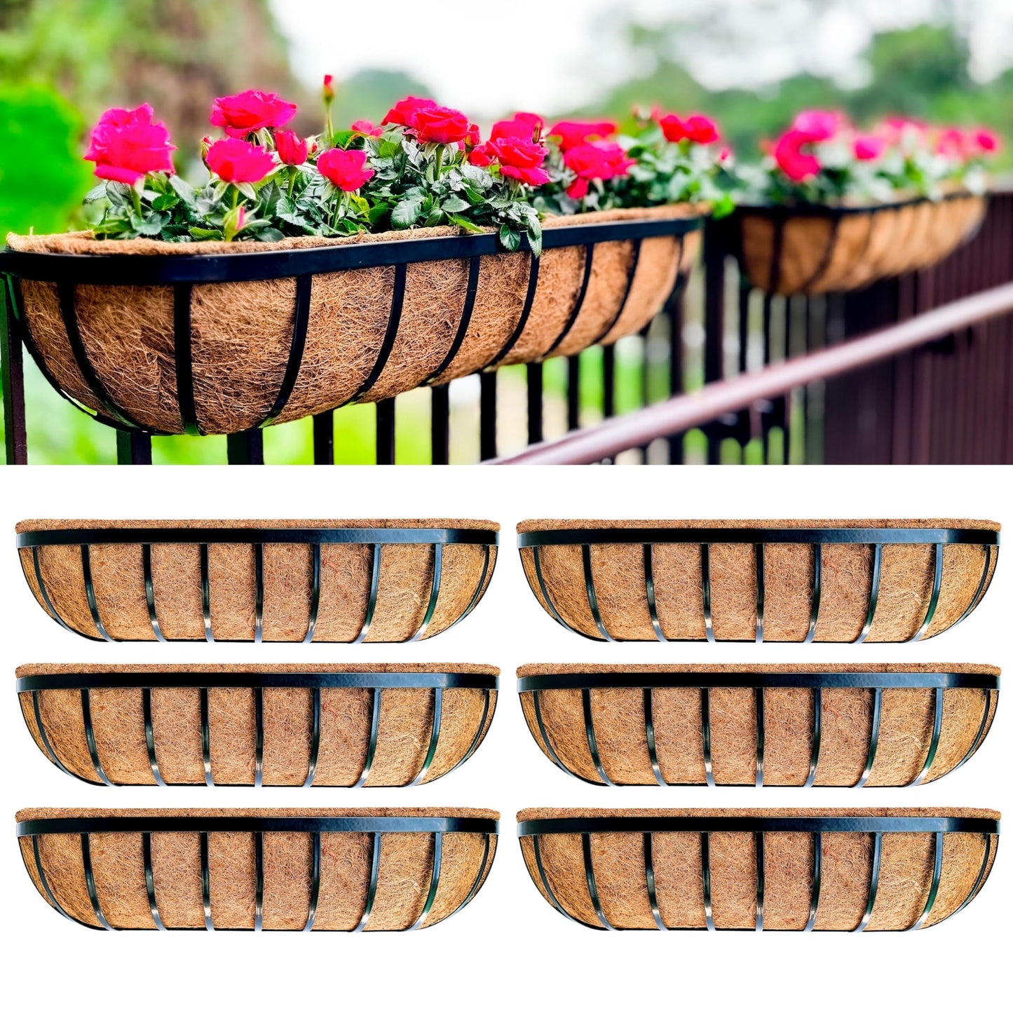 LaLaGreen Outdoor Wall Planter - 6 Pack, 30 Inch Large Metal Basket with Coco Liner, Long Window Flower Box Deck Railings Hanging Horse Trough Balcony Plant Pot Garden Fence Balcony Patio Rail