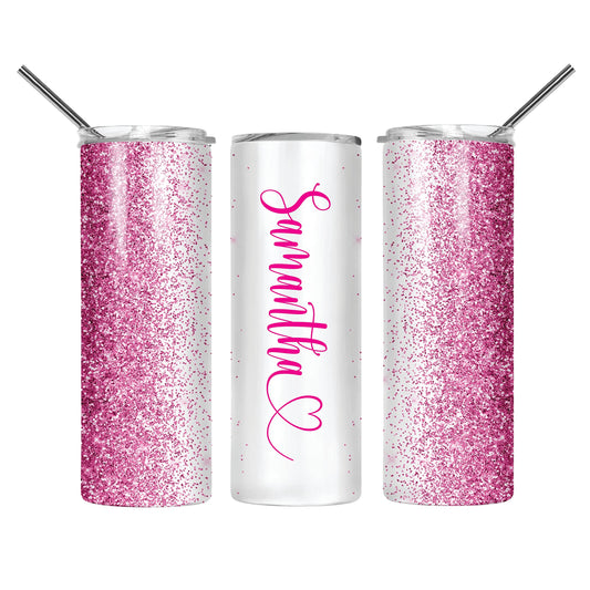 Personalized Tumbler with lid and straw | 20oz Stainless Steel Insulated | Custom Gifts | Double Wall Coffee Cups for Hot, Cold Drinks | Pink tumblers Glitter effect with Name | 20oz Cup