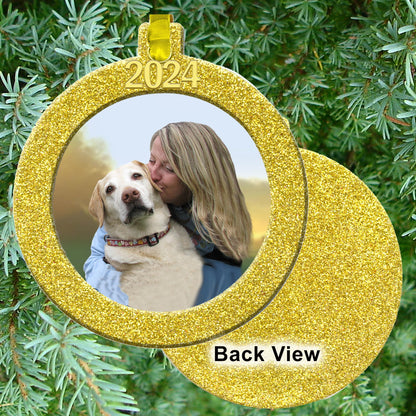 2024 Photo Ornaments for Christmas Tree, Sparkly Glitter Christmas Frame Ornament, Easy-Load Magnetic Design, Includes Satin Ribbon with Gold Charm Plus Photo Protector, Round, Gold