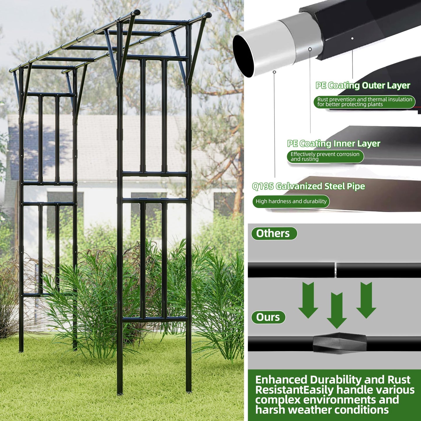 Carotex Flat Top Garden Arch Trellis Pergola, 11.8 x 9.02 FT Large Metal Arbor for Climbing Plants, Plastic-Coated Galvanized Steel Frame, Outdoor Decorative Arch for Garden, Backyard, Lawn (Black)