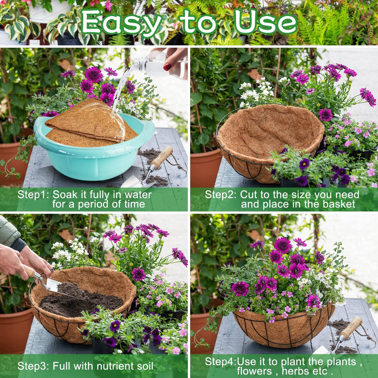 Riare 4 Pack 14 Inch Round Coco Liners Replacement, 100% Natural Coconut Coir Liners for Hanging Baskets, Garden Flower Vegetables Planter Pot, Window Box, Fence, Decks