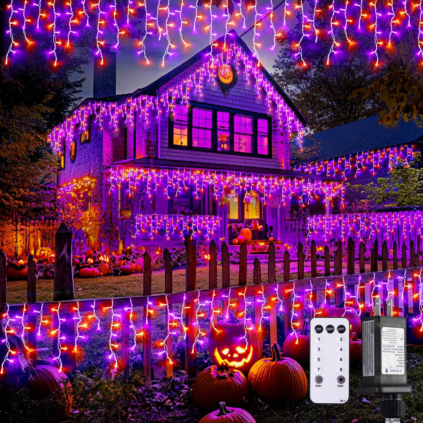 JMEXSUSS 400 LED Orange and Purple Christmas Lights Outdoor, 38.8 FT Orange and Purple Icicle Light Outdoor Waterproof, 8 Modes Halloween Lights Plug in for House Christmas Party Decorations