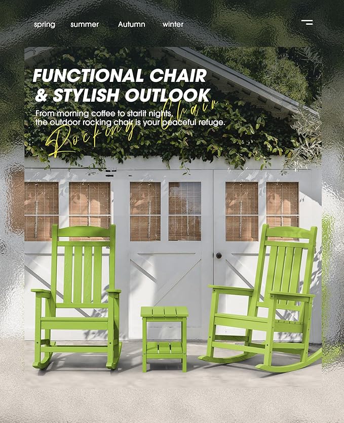 KINGYES Outdoor Rocking Chair Set of 2, High Density Polyethylene Patio Rocking Chairs with 330lbs Support for Adults, Pistachio Green