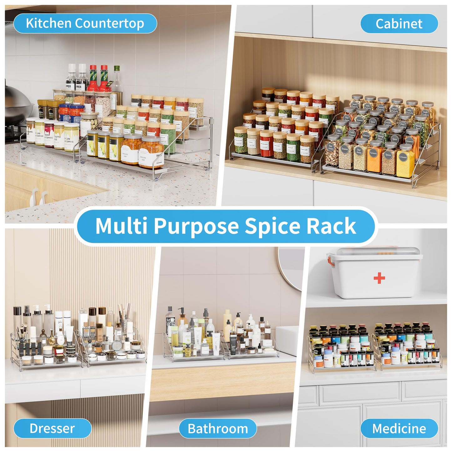 BOIVSHI Heavy Duty Spice Rack for Cabinet, Space Saving 4 Tier Spice Organization for Cabinet, Adjustable Depth Spice Shelf for Cabinet, Counter, Pantry - Chrome, 2 Pack