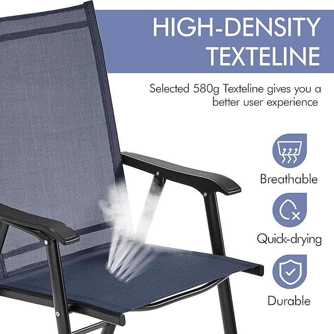 Yaheetech Outdoor Patio Chairs Set of 4, Portable Dining Chairs with Armrests for Camping, Lawn Yard Beach, Folding Outdoor Chairs 4-Pack with Metal Frame, Navy Blue