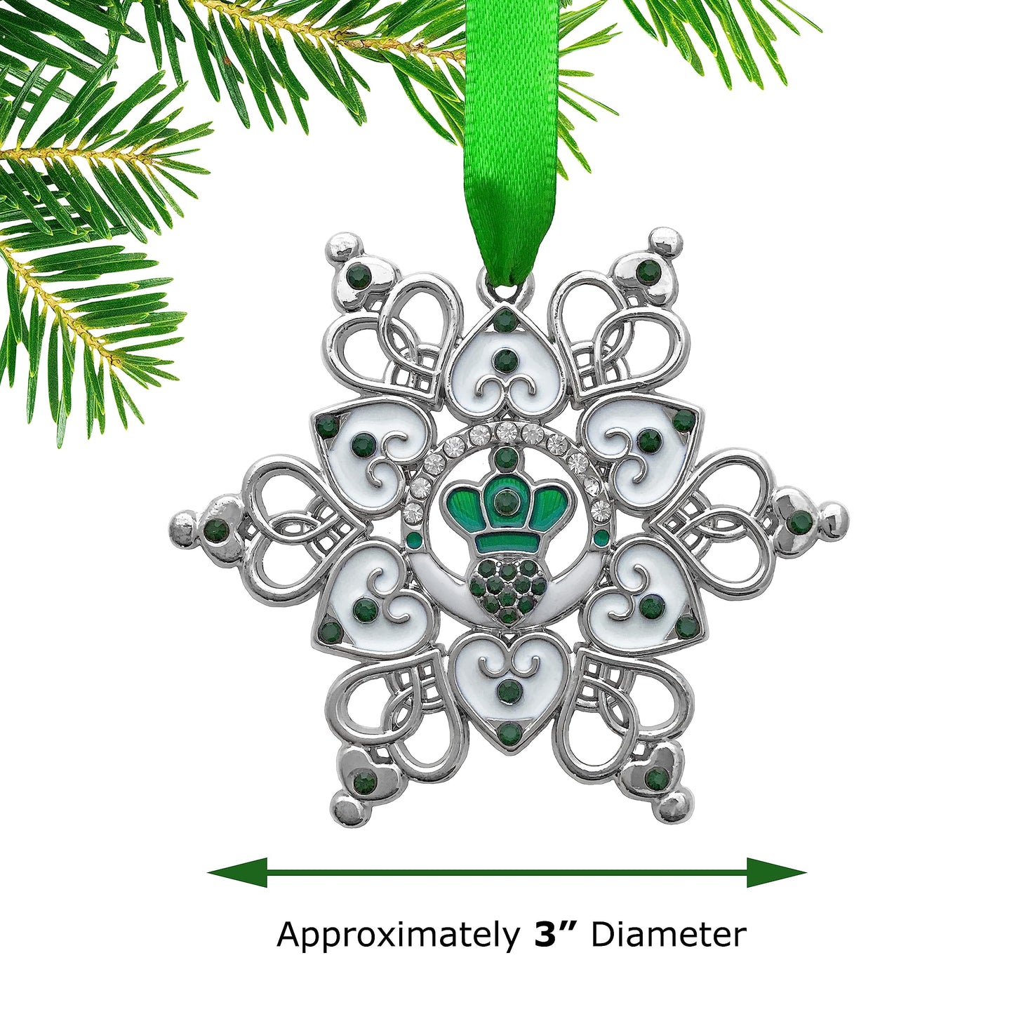 Irish Christmas Ornament Claddagh Snowflake, Filigree Metal Celtic Holiday Decoration with Green Jewels, 3 x 3 Inch Gift Ornament with Storage Bag, Irish Blessing for Family, Friends, Mom, Grandma