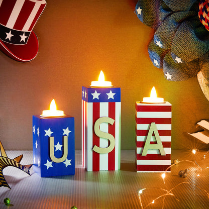 BlcTec 4th of July Decorations, 3 PCS Patriotic Wood Candle Holders with Tea Lights, Rustic Farmhouse Centerpieces for Home, Tiered Tray, Tabletop, Mantel, Office, Porch, Memorial Day, July 4th Décor