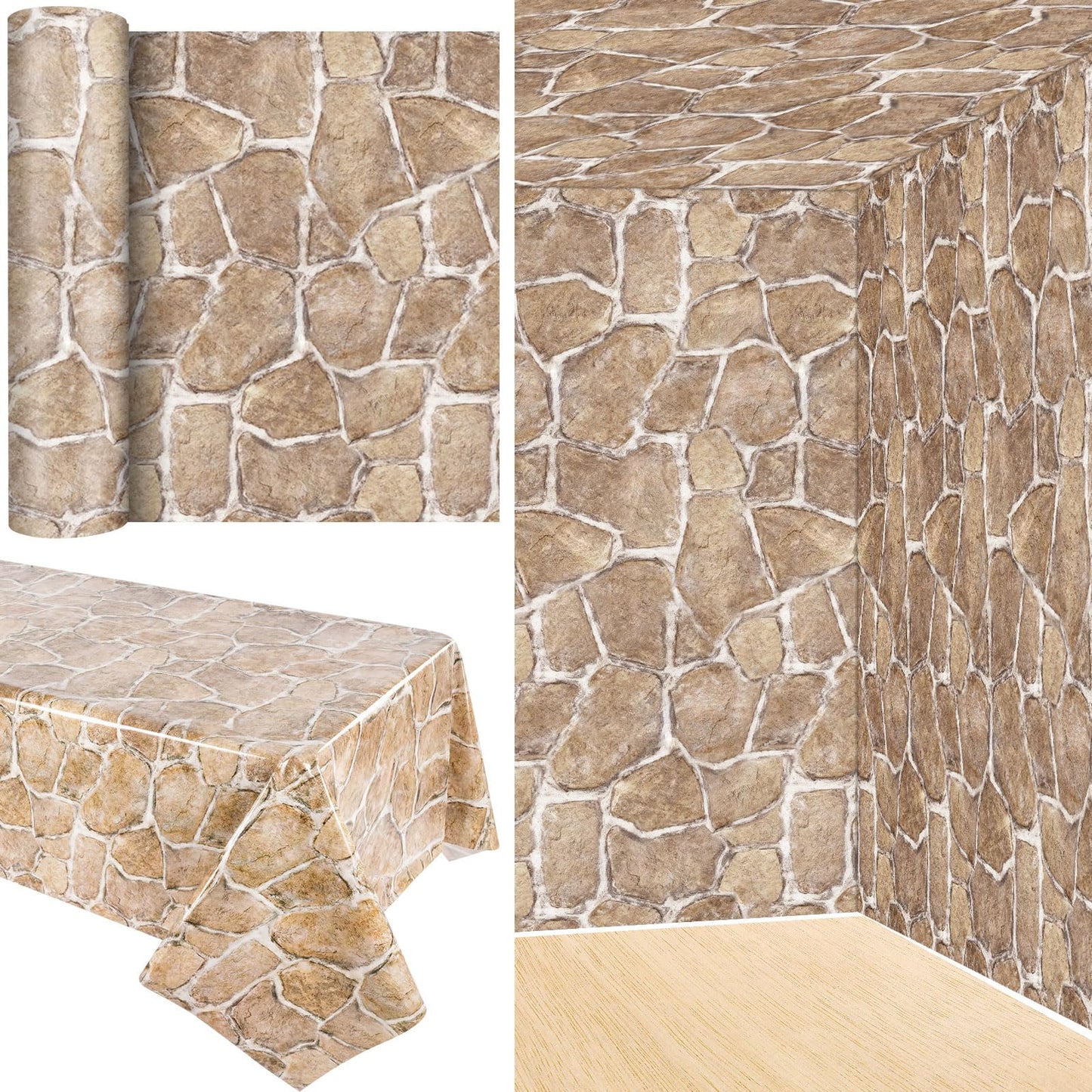 Tegeme 100 ft x 54 Inch Brick Stone Wall Backdrop Roll Rock Wall Plastic Tablecloth Wallpaper Stone Table Covers for Vbs Vacation Bible School Decor Medieval Party Supplies