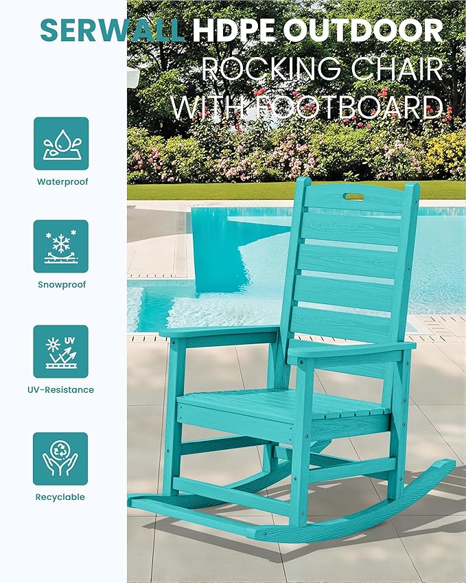 SERWALL Outdoor Rocking Chair, Oversized Rocking Chair with Footrest for Adults, HDPE All Weather Resistant Rocking Chairs for Patio, 350lbs Weight Capacity, Aruba