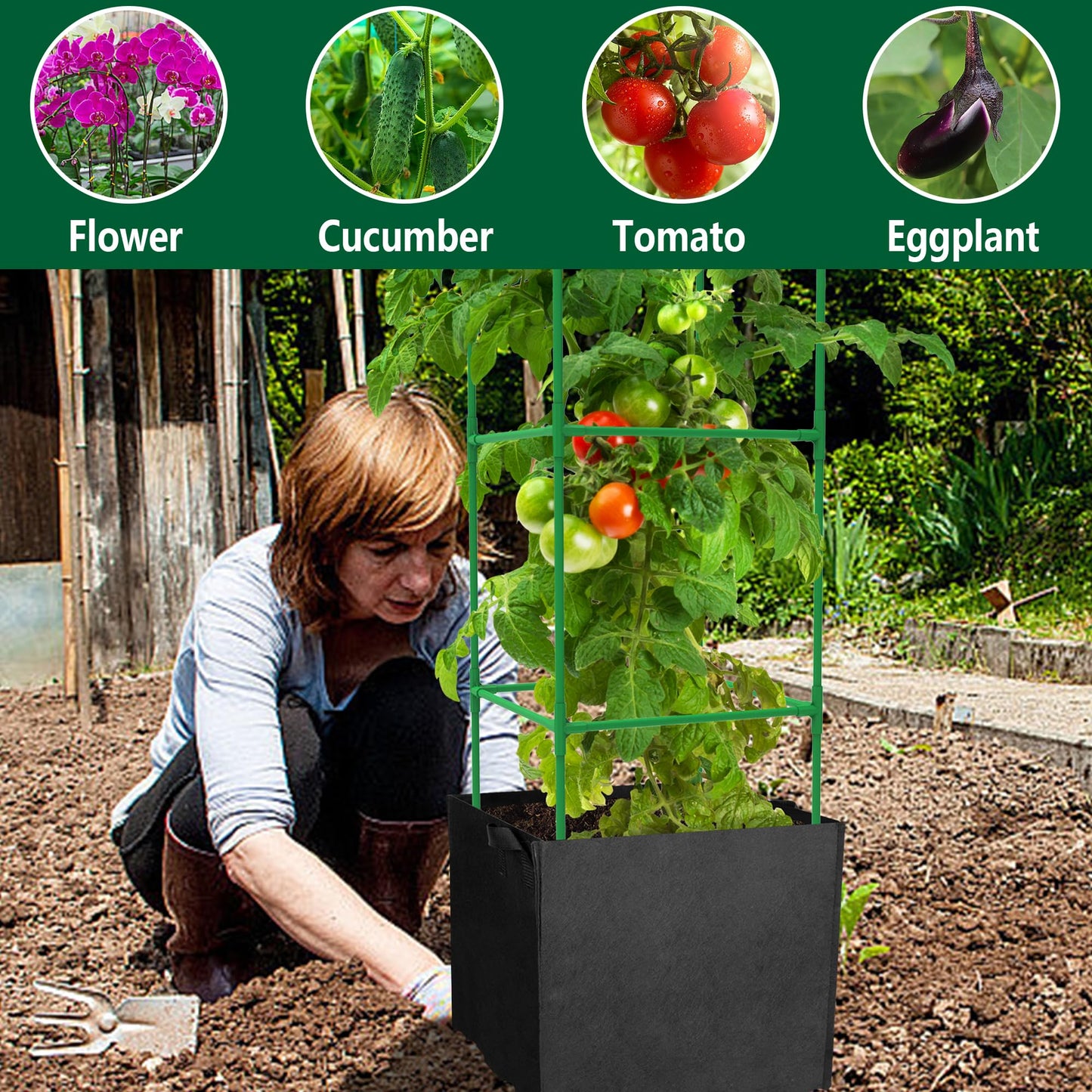 3 Packs 47 x 16 x 16 Inch Garden Tomato Cages with 17 Gallon Grow Bags- Square Plant Support Trellis Assembled with Planter Bags- Garden Cucumber Vegetables Frames for Vertical Climbing Plants