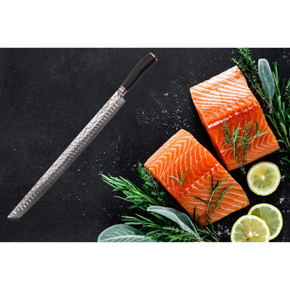 YOUSUNLONG Sakimaru Knife 15 inch(380mm) Ultimate Japanese Damascus Steel Fillet Knives Suitable for cutting tuna and salmon-Natural Ebony Handle With Leather Sheath