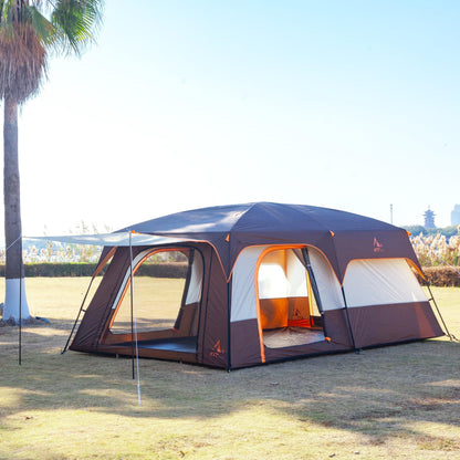 KTT Extra Large Tent 14 Person,Family Cabin Tents,2 Rooms,3 Doors and 3 Windows with Mesh,Straight Wall,Waterproof,Double Layer,Big Tent for Outdoor,Picnic,Camping,Family Gathering(Brown)